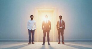Picture of 3 men by a door of opportunity
